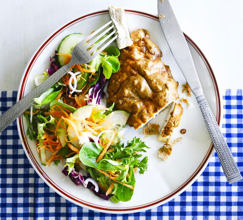 Baked peanut chicken with carrot & cucumber salad