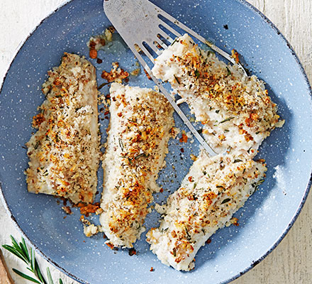 Baked pollock with anchovy crumbs