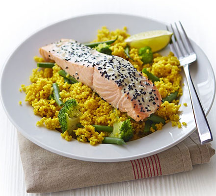 Basil & coconut salmon with spiced couscous