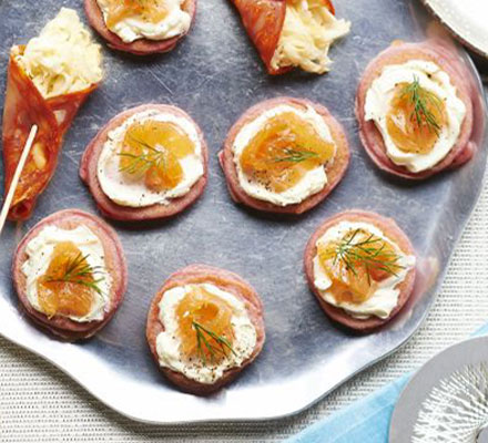 Beetroot blinis with smoked salmon