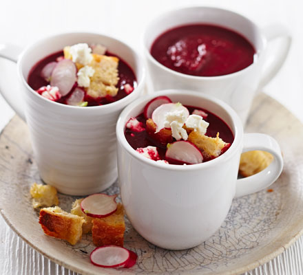 Beetroot soup with feta, radish & croutons