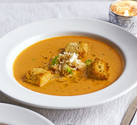 Cornish crab bisque with lemony croutons