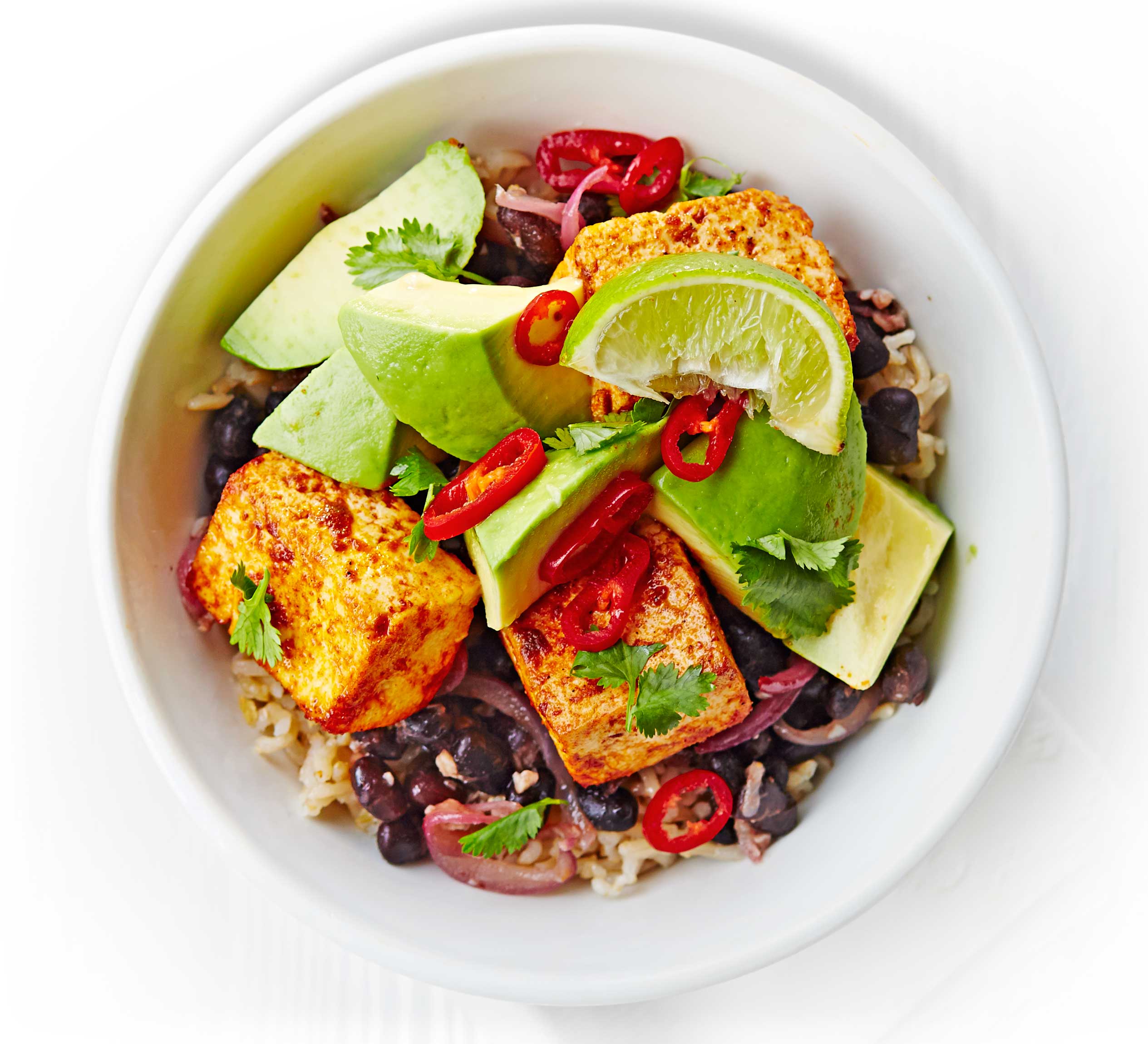 Black bean, tofu & avocado rice bowl