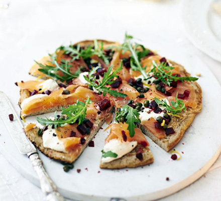 Giant smoked salmon & beetroot blini