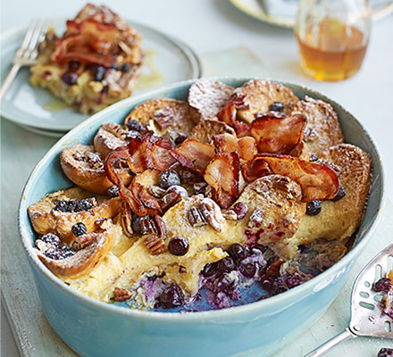 Brioche breakfast bake with crispy bacon