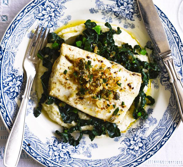 Brown butter-poached halibut with celeriac purée & caper crumbs