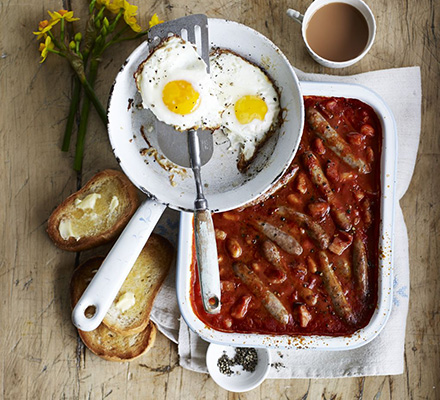 Sausage, bean & bacon bake