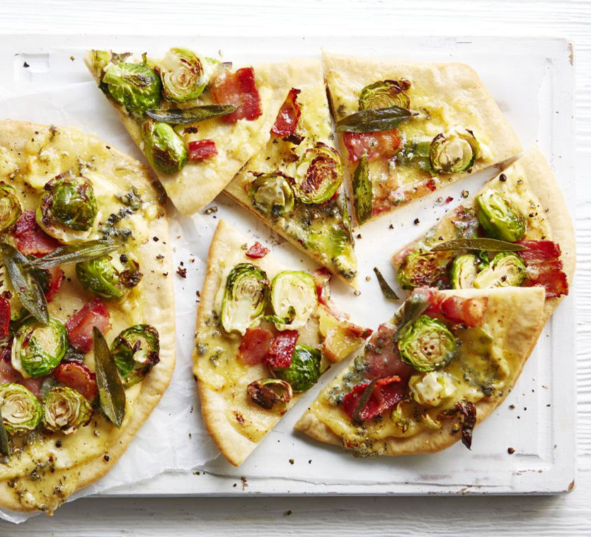 Brussels sprout, bacon & stilton pizzettas