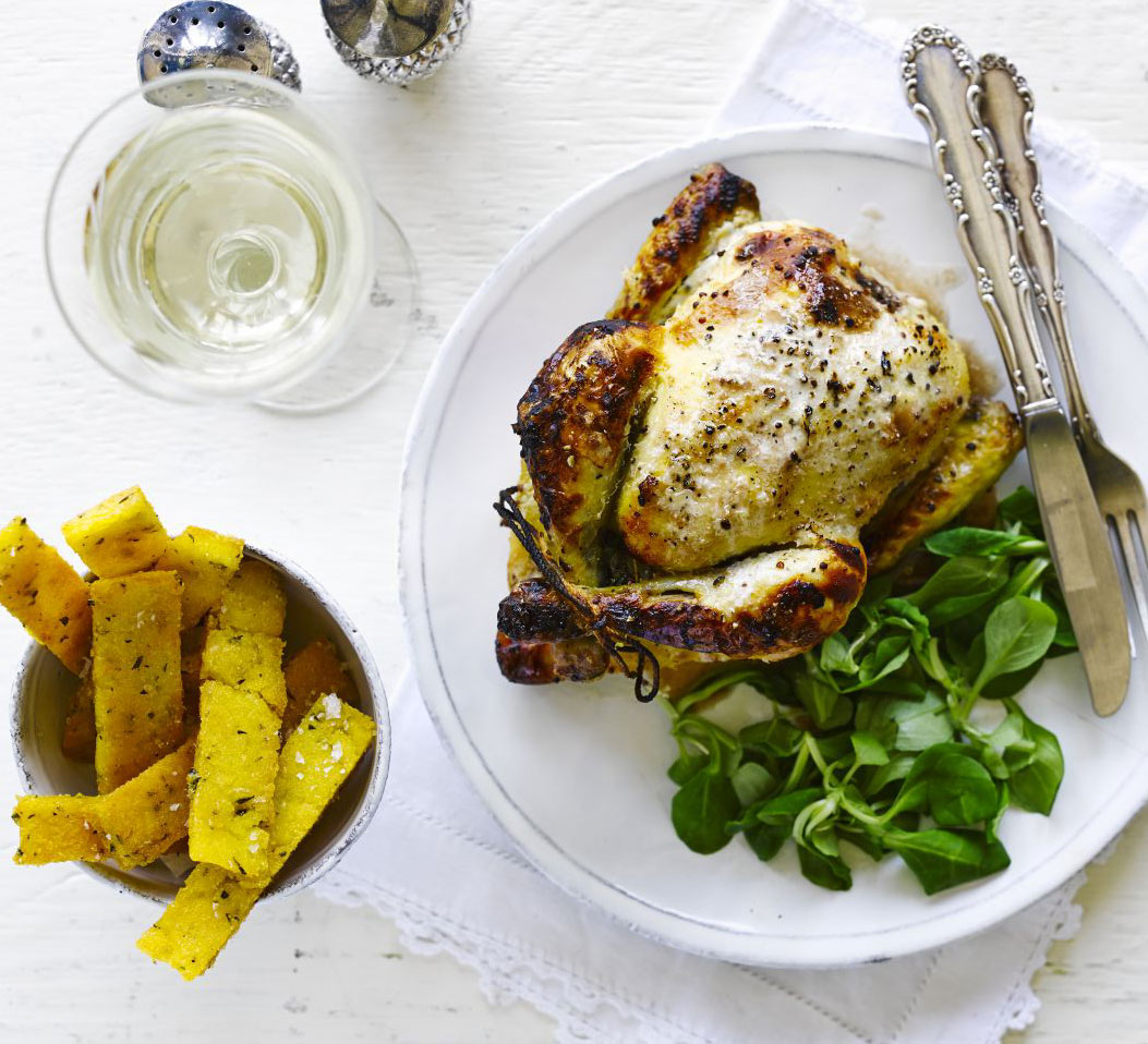 Buttermilk roasted poussin with rosemary polenta chips