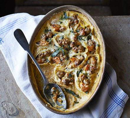 Baked conchiglioni with sausage, sage & butternut squash