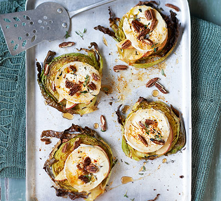 Cabbage steaks with apple, goat’s cheese & pecans