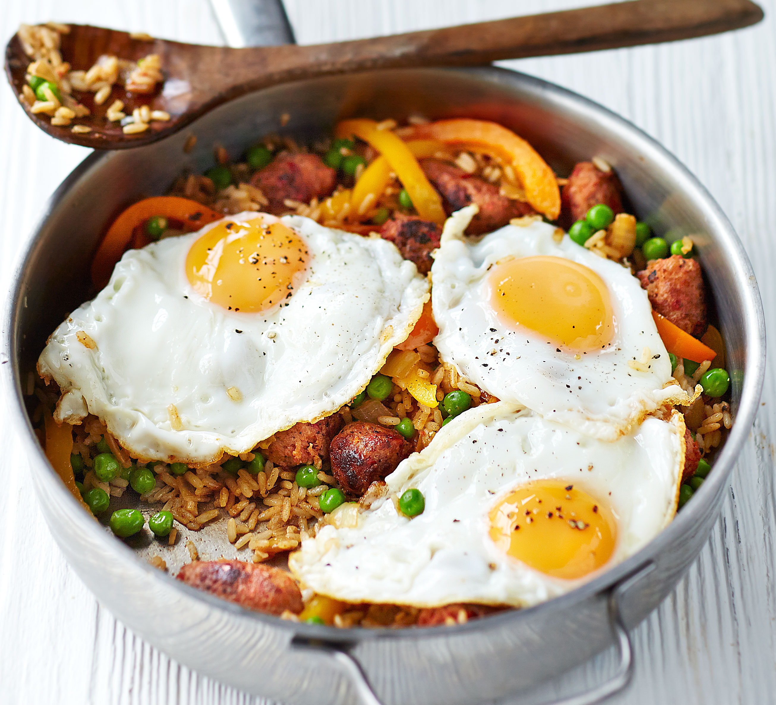 Cajun rice with chorizo meatballs & fried eggs