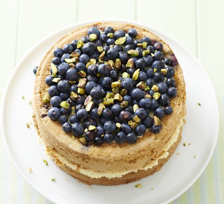 Blueberry & pistachio cake with cardamom cream
