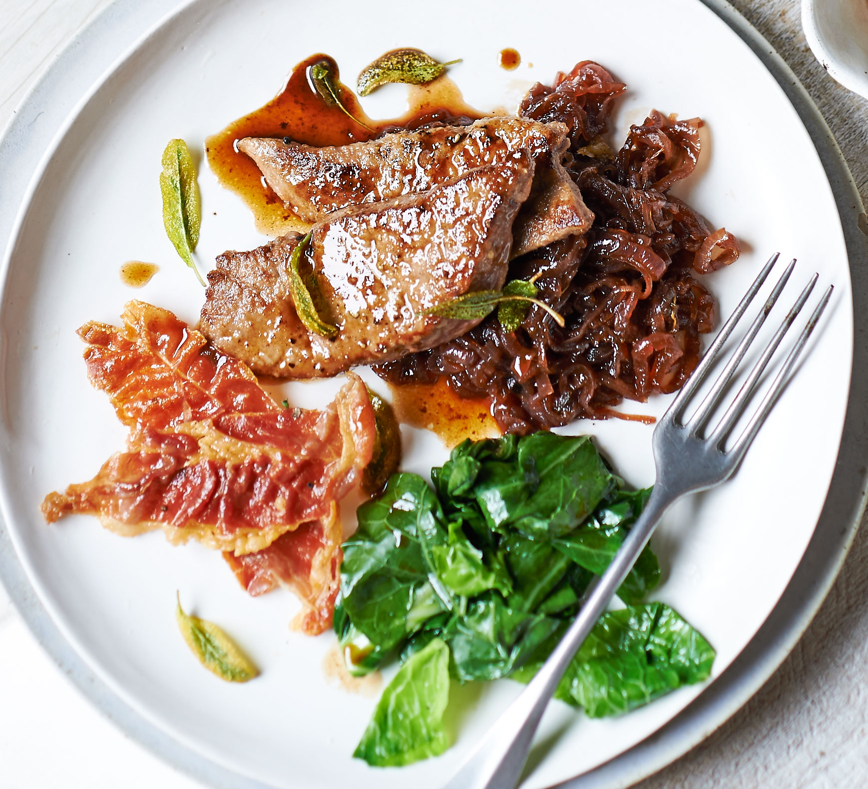 Calves’ liver with sticky onion relish & prosciutto