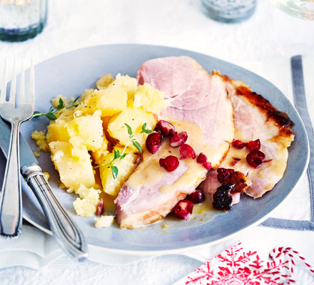 Candied roast ham with cranberry & star anise sauce