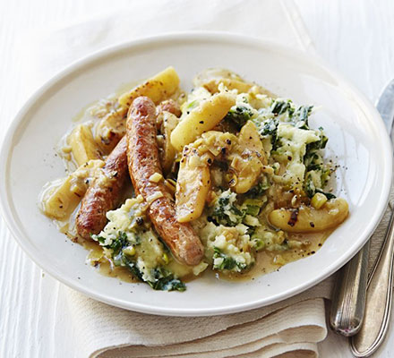 Chipolatas in apple gravy with parsnip colcannon