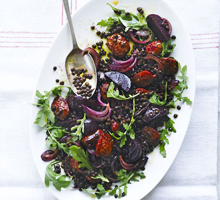 Spicy chorizo with lentils & beetroot