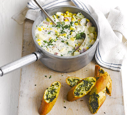 Smoked haddock & sweetcorn chowder with herby garlic bread