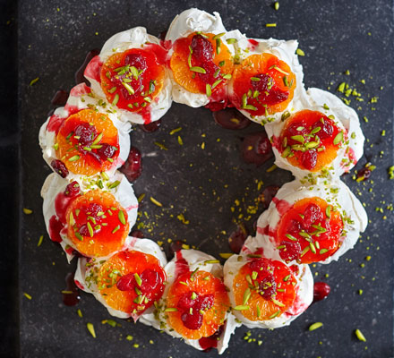 Clementine, cranberry & pistachio meringue wreath