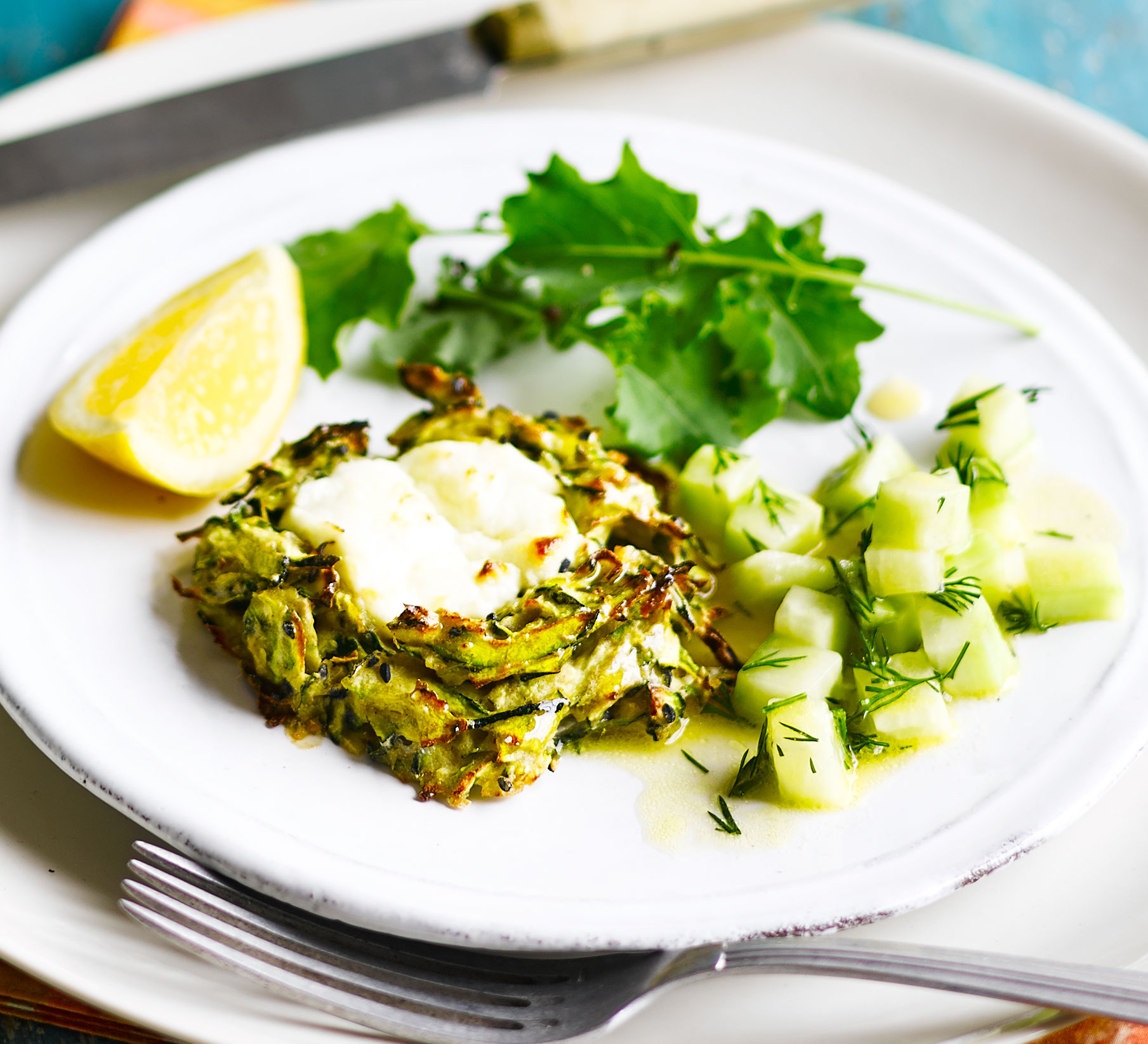 Courgette fritters with dill & cucumber sauce