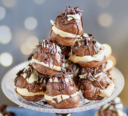 Double chocolate profiteroles with salted caramel cream