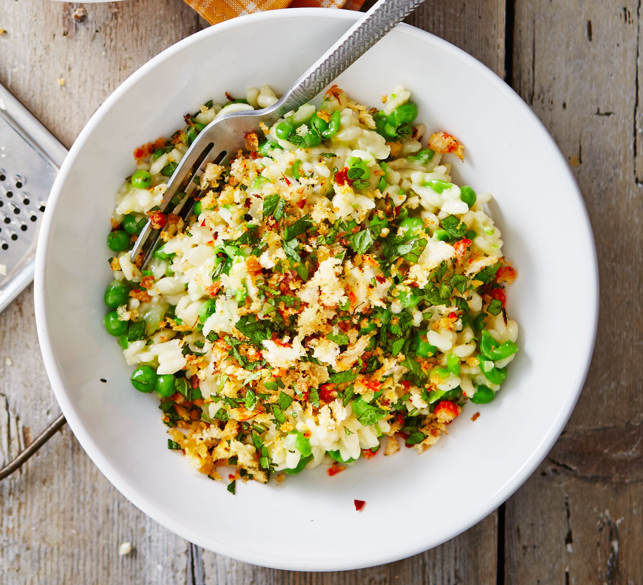 Easy peasy risotto with chilli & mint crumbs