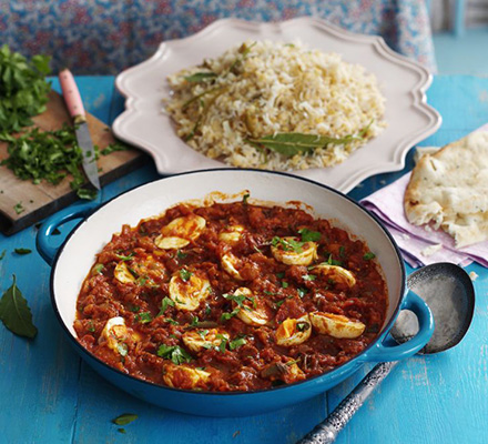 South Indian egg curry with rice & lentil pilau