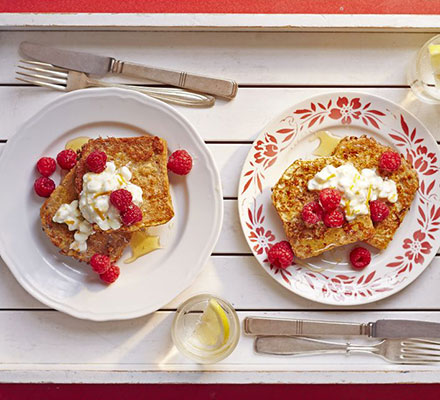 Eggy spelt bread with orange cheese & raspberries