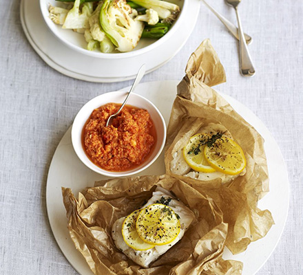 Fish parcels with romesco sauce & veg