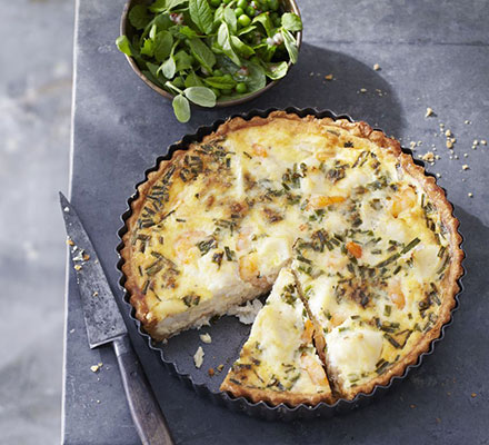Fish pie tart with minted pea salad