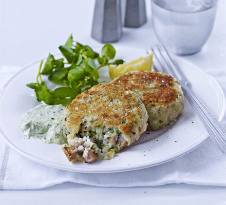 Kipper fish cakes with watercress mayo