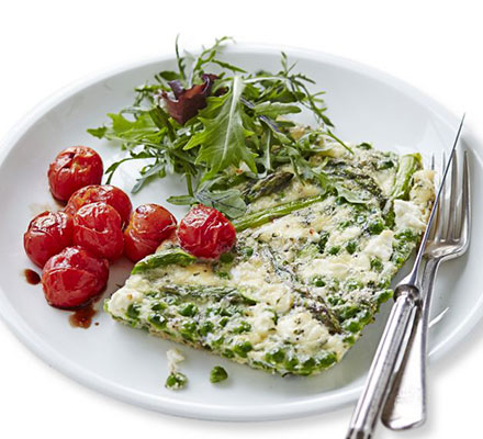 Asparagus, pea & feta frittata with roast tomatoes