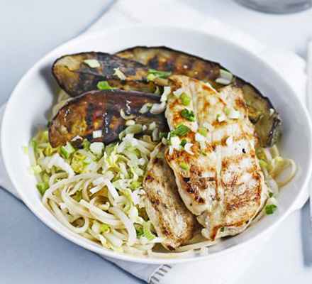 Ginger noodles with chicken & hoisin aubergines