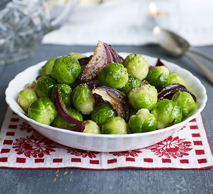 Glazed sprouts with caramelised red onions