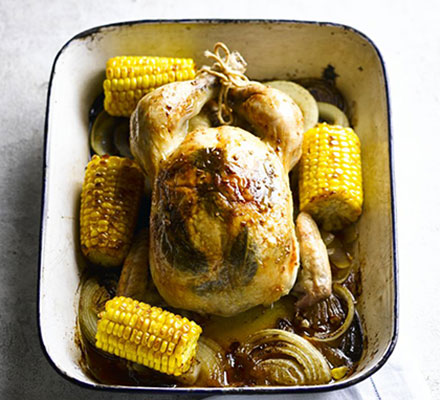 Golden roast chicken with sweetcorn, sage & garlic