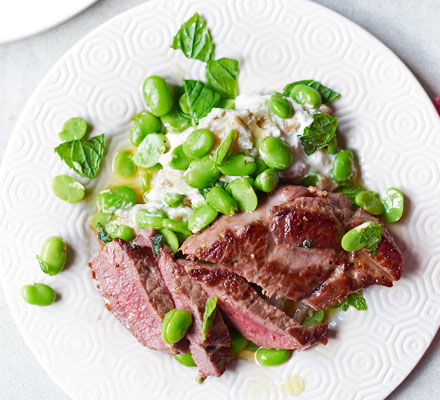 Greek lamb with smoked aubergine & minty broad beans