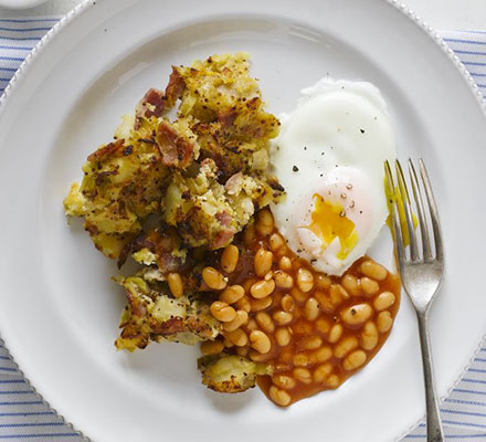 Ham & potato hash with baked beans & healthy ‘fried’ eggs