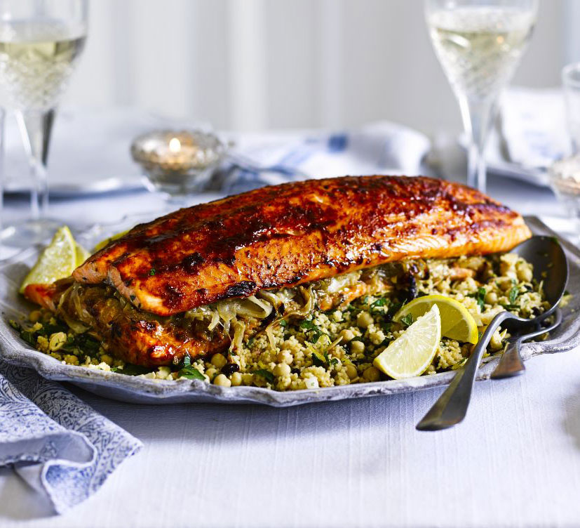 Harissa roast salmon with lemon chickpea couscous