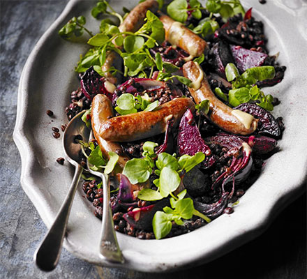 Hot mustard lentils with beetroot & spicy sausages