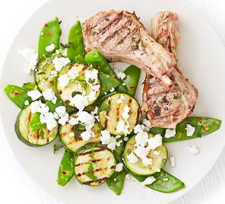 Lamb chops with griddled courgette & feta salad