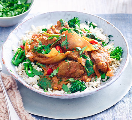 Lamb dopiaza with broccoli rice