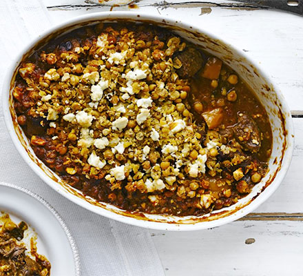 Lamb & aubergine stew with crispy chickpea topping