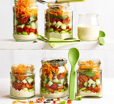 Stripy hummus salad jars