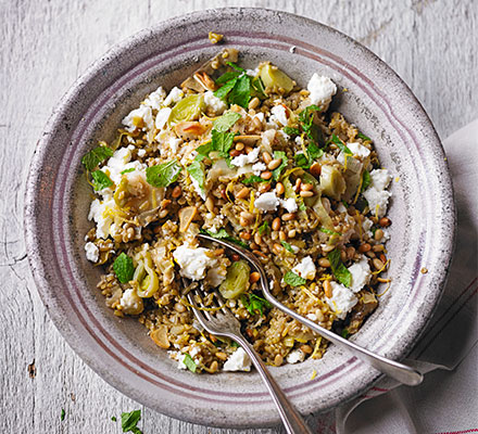 Leek & freekeh pilaf with feta & toasted pine nuts