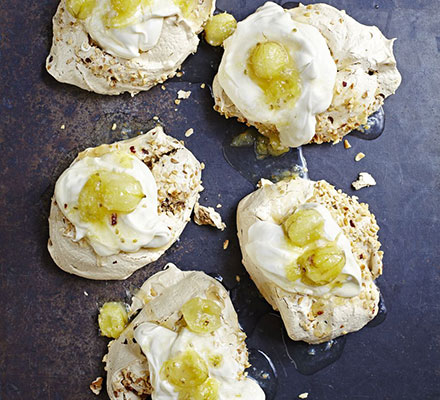 Brown sugar meringues with gooseberry compote & cream