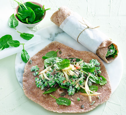 Minted pea, goat’s cheese & spinach wraps