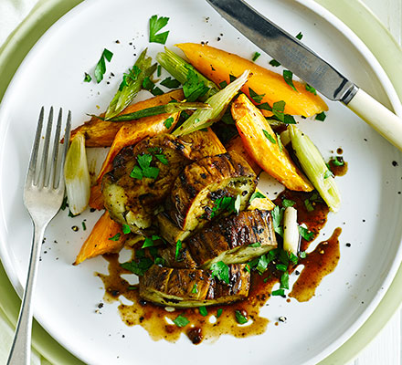 Miso-roasted aubergine steaks with sweet potato