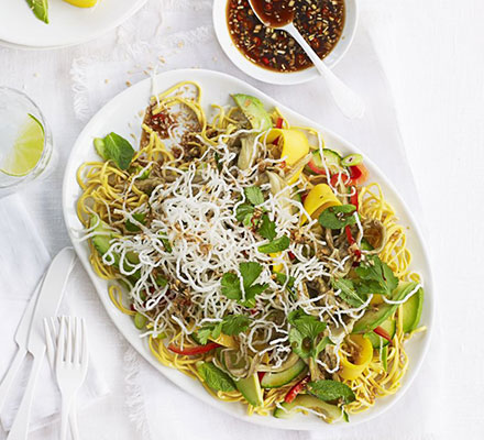 Veggie peanut noodles with coriander omelette ribbons