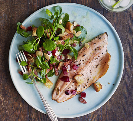 Pan-fried trout with bacon, almonds & beetroot