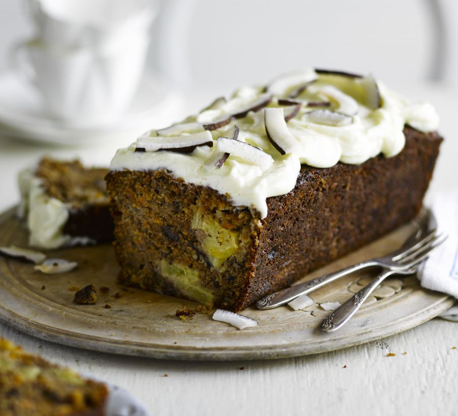 Passion loaf with coconut cream cheese icing